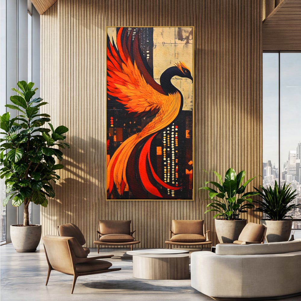 Tablou canvas cu tablou canvas cu pasarea phoenix, in rama de aluminiu auriu, pe perete intr-un birou